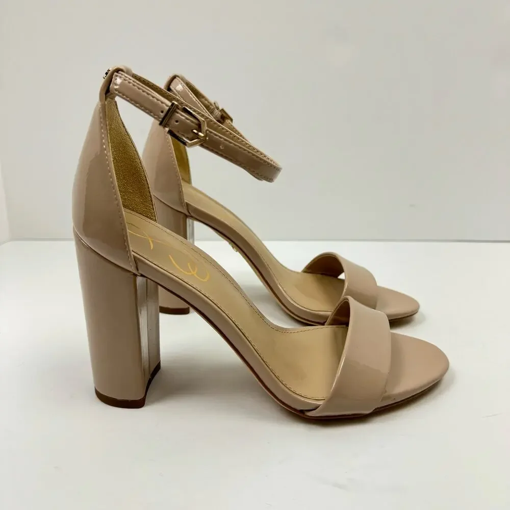NEW Sam Edelman Yaro WIDE Beige Patent Faux Leather Open Toe Block Heel Sandals